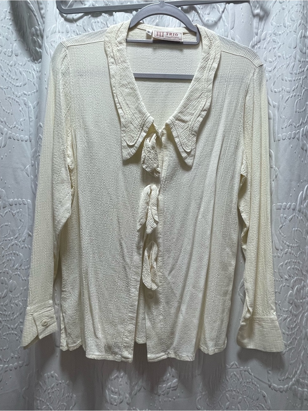 Cream Tie-Front Long-Sleeve Blouse
